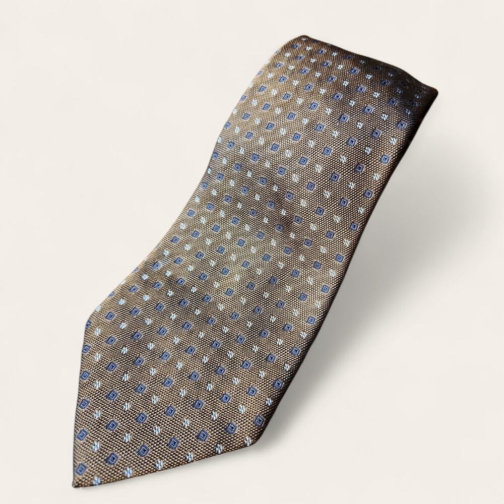 BARNEYS NEW YORK | Handmade Silk Extra Long Brown Tie w/ Blue Geometric Accents